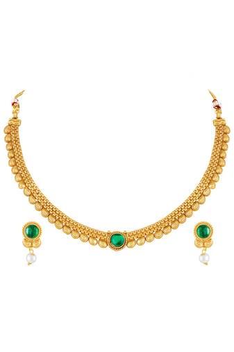 Gold plated faux emerald & pearl studded traditional necklace earrings set jewellery for women