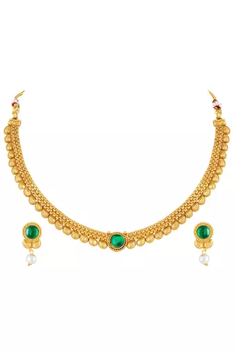 Gold plated faux emerald & pearl studded traditional necklace earrings set jewellery for women