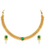 Gold plated faux emerald & pearl studded traditional necklace earrings set jewellery for women