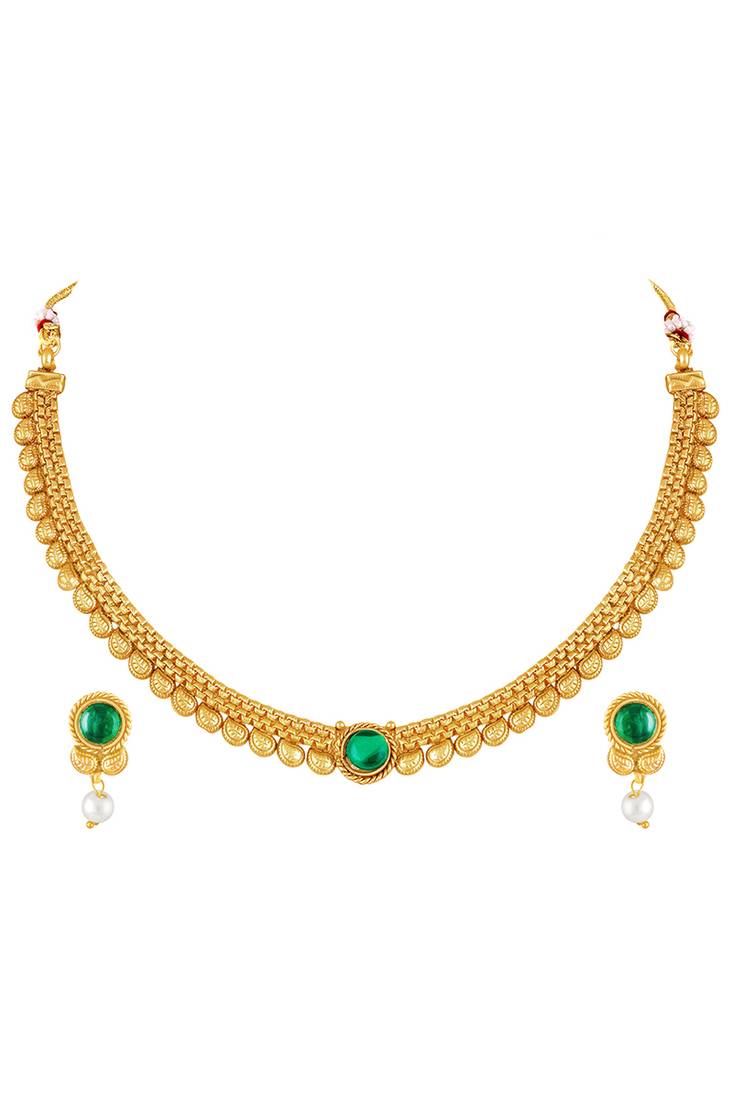 Gold plated faux emerald & pearl studded traditional necklace earrings set jewellery for women