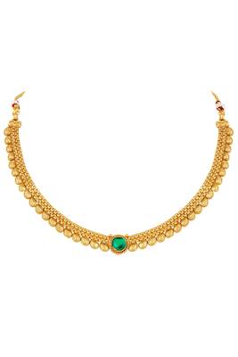 Gold plated faux emerald & pearl studded traditional necklace earrings set jewellery for women 2