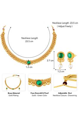 Gold plated faux emerald & pearl studded traditional necklace earrings set jewellery for women 3