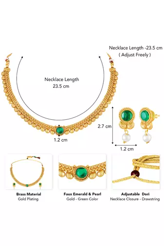 Gold plated faux emerald & pearl studded traditional necklace earrings set jewellery for women
