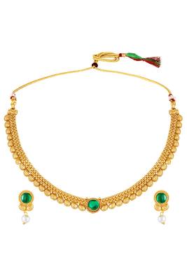 Gold plated faux emerald & pearl studded traditional necklace earrings set jewellery for women 4