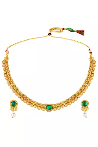 Gold plated faux emerald & pearl studded traditional necklace earrings set jewellery for women