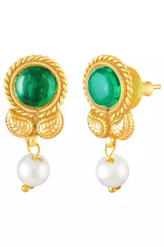 Gold plated faux emerald & pearl studded traditional necklace earrings set jewellery for women