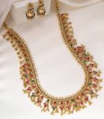Gold plated faux ruby faux emerald studded necklace earrings set jewellery gift for women