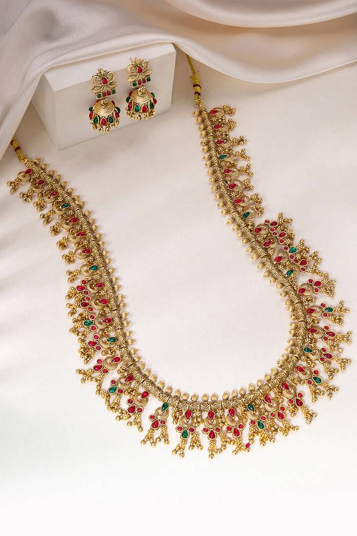Gold plated faux ruby faux emerald studded necklace earrings set jewellery gift for women
