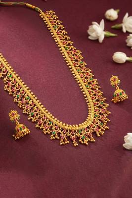 Gold plated faux ruby faux emerald studded necklace earrings set jewellery gift for women 2