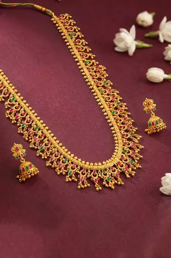 Gold plated faux ruby faux emerald studded necklace earrings set jewellery gift for women