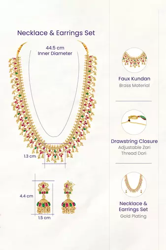 Gold plated faux ruby faux emerald studded necklace earrings set jewellery gift for women