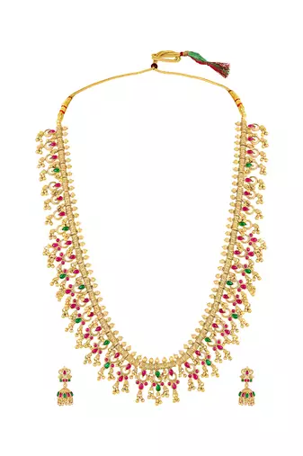 Gold plated faux ruby faux emerald studded necklace earrings set jewellery gift for women