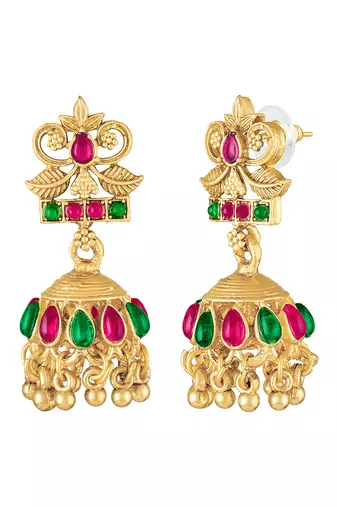 Gold plated faux ruby faux emerald studded necklace earrings set jewellery gift for women