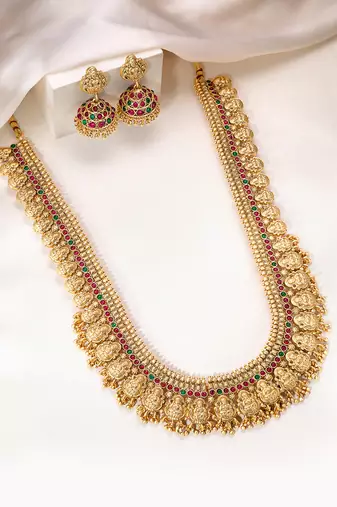 Gold plated faux ruby faux emerald studded long necklace earrings set jewellery for women
