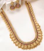 Gold plated faux ruby faux emerald studded long necklace earrings set jewellery for women
