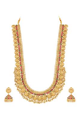 Gold plated faux ruby faux emerald studded long necklace earrings set jewellery for women 2
