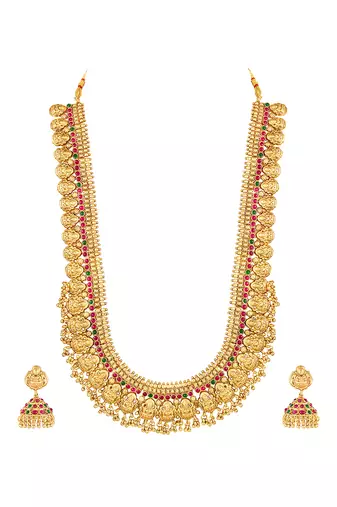 Gold plated faux ruby faux emerald studded long necklace earrings set jewellery for women