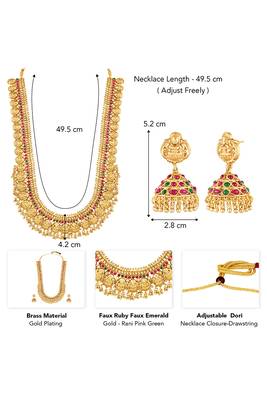 Gold plated faux ruby faux emerald studded long necklace earrings set jewellery for women 3