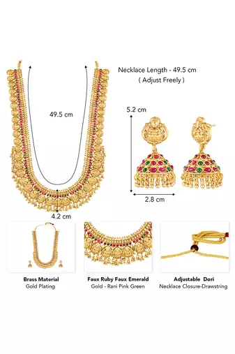 Gold plated faux ruby faux emerald studded long necklace earrings set jewellery for women
