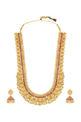 Gold plated faux ruby faux emerald studded long necklace earrings set jewellery for women 4