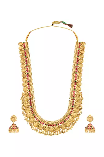 Gold plated faux ruby faux emerald studded long necklace earrings set jewellery for women