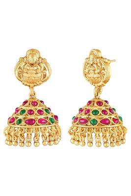 Gold plated faux ruby faux emerald studded long necklace earrings set jewellery for women 5