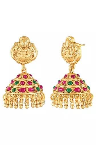 Gold plated faux ruby faux emerald studded long necklace earrings set jewellery for women