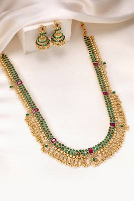 Gold plated faux ruby faux emerald studded long necklace earrings set jewellery gift for women 1
