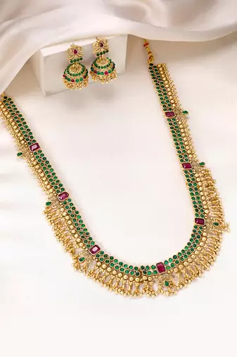 Gold plated faux ruby faux emerald studded long necklace earrings set jewellery gift for women