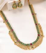 Gold plated faux ruby faux emerald studded long necklace earrings set jewellery gift for women