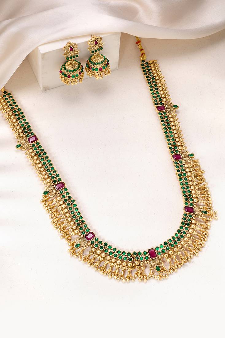 Gold plated faux ruby faux emerald studded long necklace earrings set jewellery gift for women