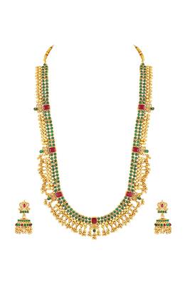 Gold plated faux ruby faux emerald studded long necklace earrings set jewellery gift for women 2