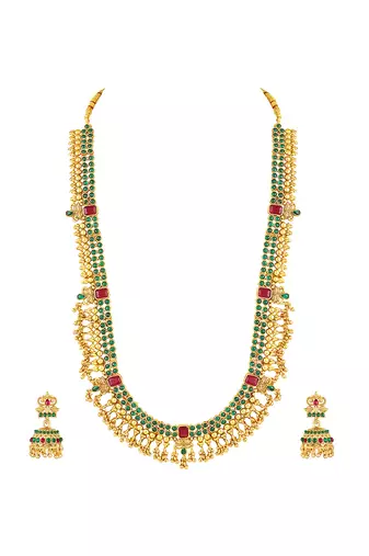 Gold plated faux ruby faux emerald studded long necklace earrings set jewellery gift for women