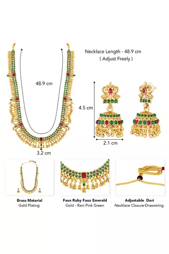 Gold plated faux ruby faux emerald studded long necklace earrings set jewellery gift for women