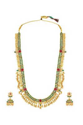 Gold plated faux ruby faux emerald studded long necklace earrings set jewellery gift for women 4