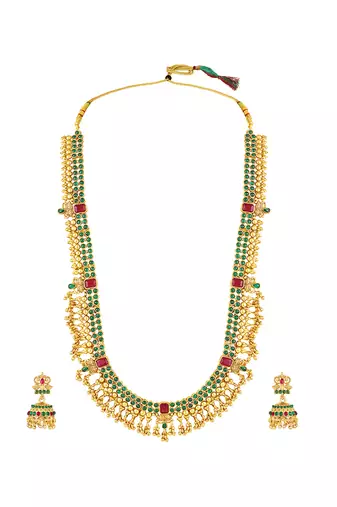Gold plated faux ruby faux emerald studded long necklace earrings set jewellery gift for women