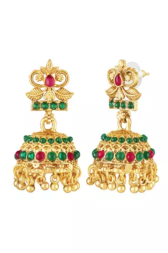 Gold plated faux ruby faux emerald studded long necklace earrings set jewellery gift for women