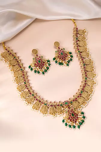 Gold plated faux ruby faux emerald & beads studded long necklace earrings set jewellery