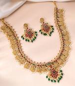 Gold plated faux ruby faux emerald & beads studded long necklace earrings set jewellery