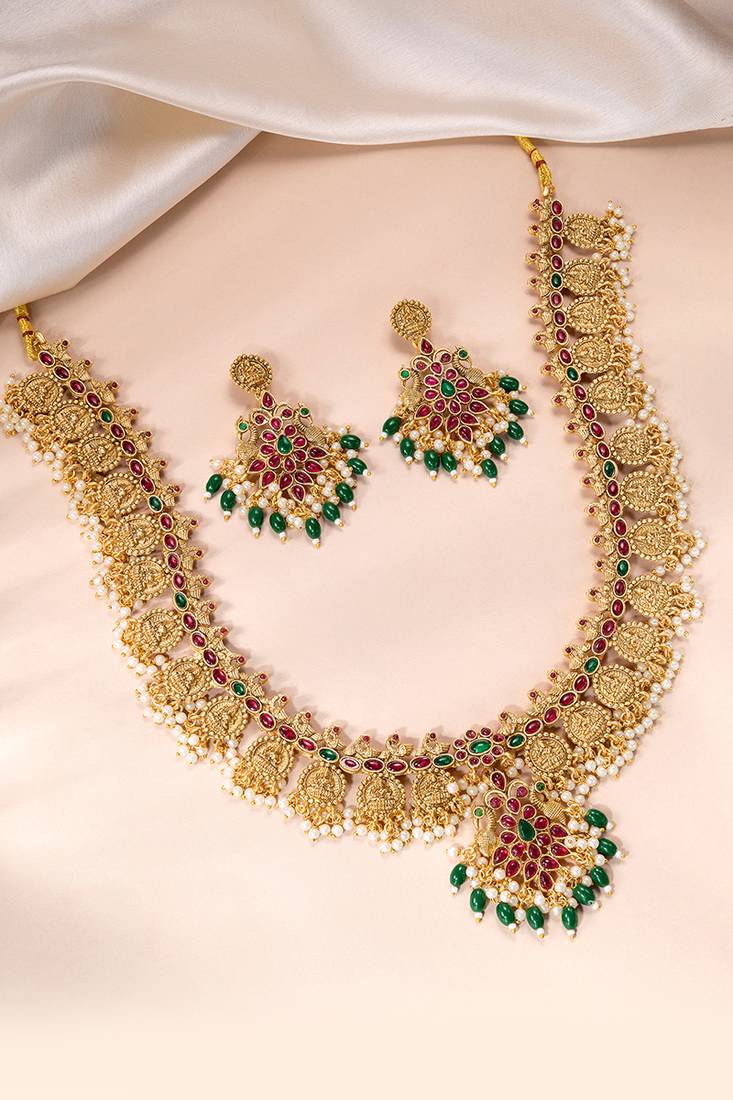 Gold plated faux ruby faux emerald & beads studded long necklace earrings set jewellery