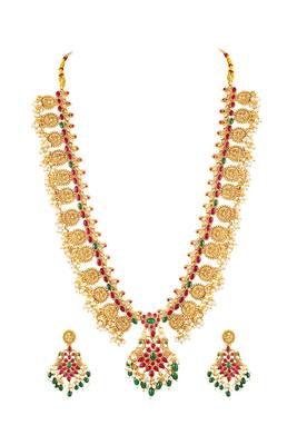 Gold plated faux ruby faux emerald & beads studded long necklace earrings set jewellery 2