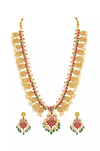 Gold plated faux ruby faux emerald & beads studded long necklace earrings set jewellery