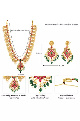 Gold plated faux ruby faux emerald & beads studded long necklace earrings set jewellery
