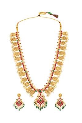 Gold plated faux ruby faux emerald & beads studded long necklace earrings set jewellery 4