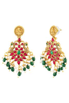 Gold plated faux ruby faux emerald & beads studded long necklace earrings set jewellery 5