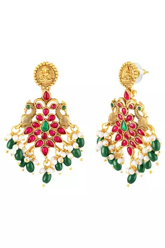 Gold plated faux ruby faux emerald & beads studded long necklace earrings set jewellery