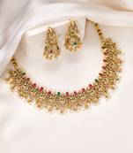 Gold plated faux ruby faux emerald & lariya studded necklace earrings set jewellery for women