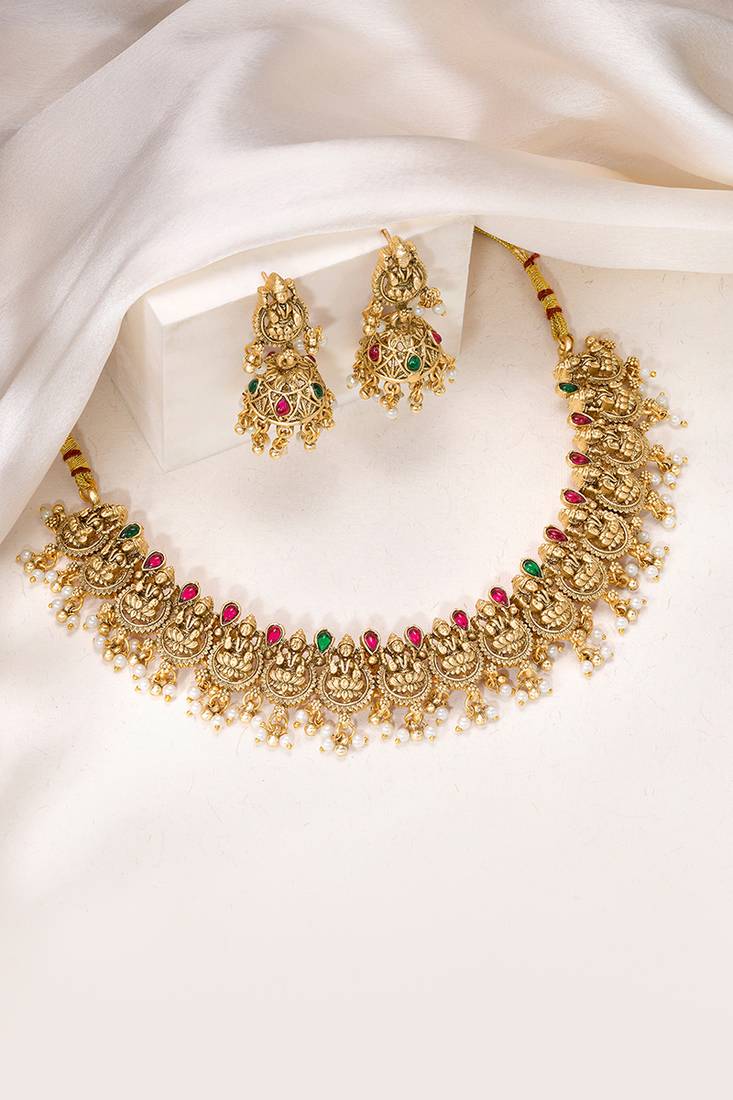 Gold plated faux ruby faux emerald & lariya studded necklace earrings set jewellery for women