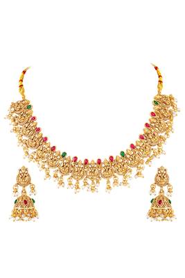 Gold plated faux ruby faux emerald & lariya studded necklace earrings set jewellery for women 2