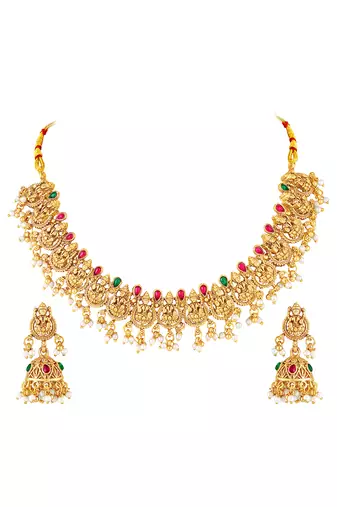 Gold plated faux ruby faux emerald & lariya studded necklace earrings set jewellery for women